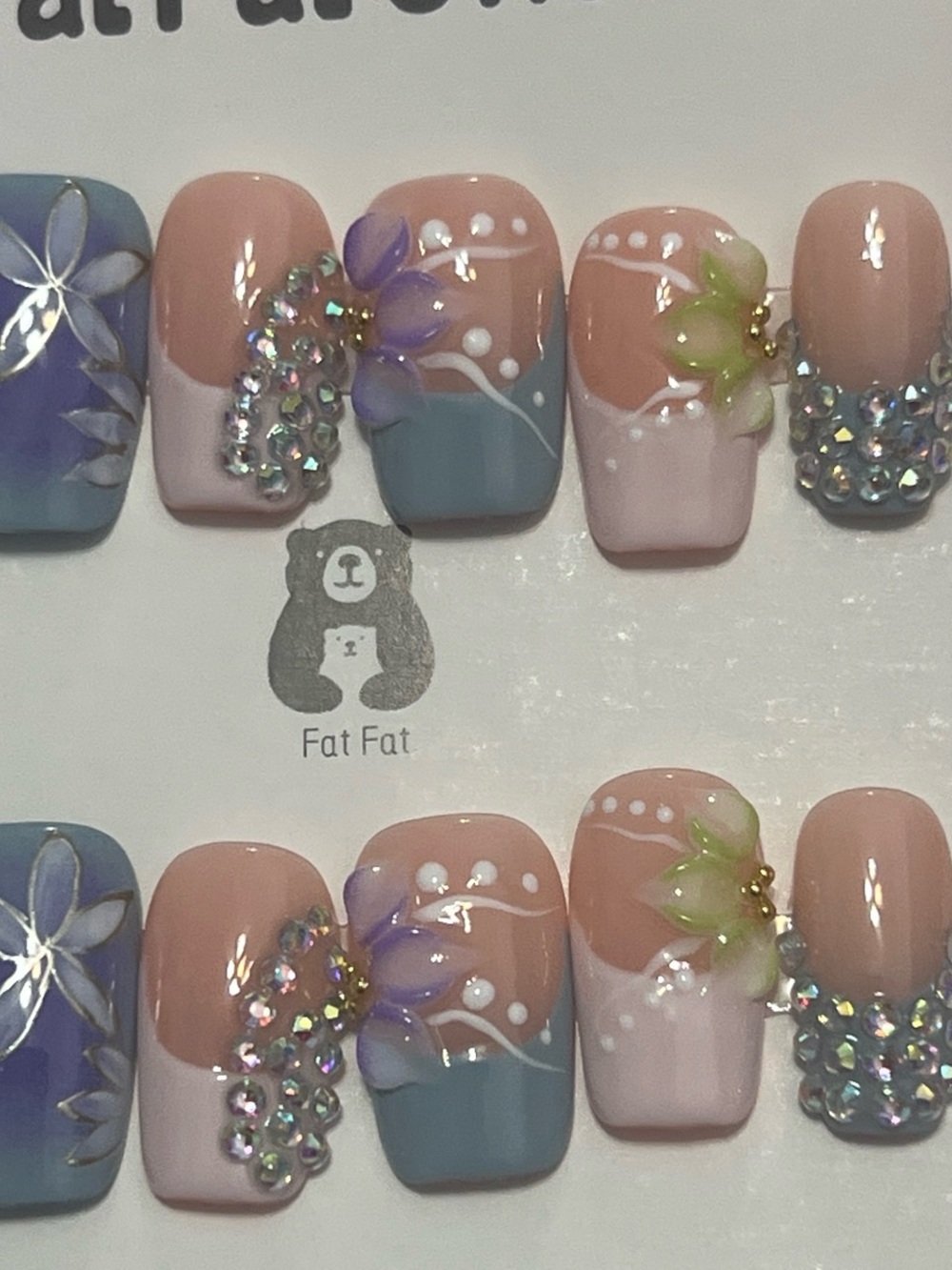 Floral Rhinestone Press-On Nails in Pink, Blue & Peach